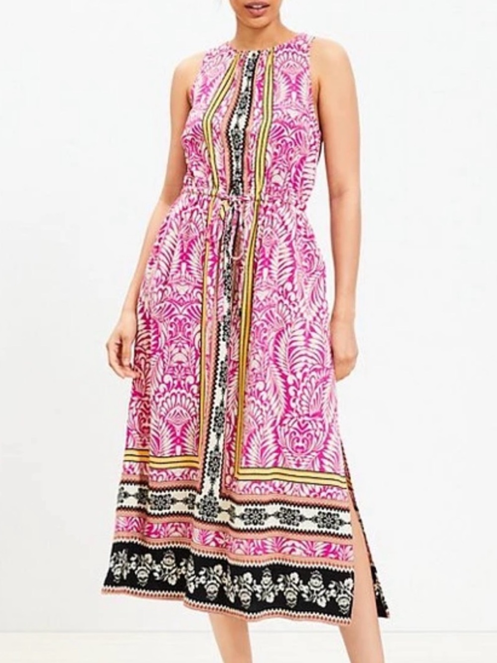 LOFT Pink Yellow Boho Sleeveless Dress Tie Waist Casual Summer Size LP